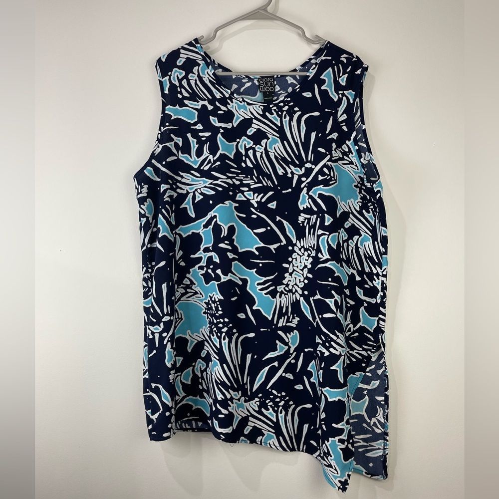 Clara Sun Woo Blue White Teal Tank Top Womens L Large Asymmetrical Hem
